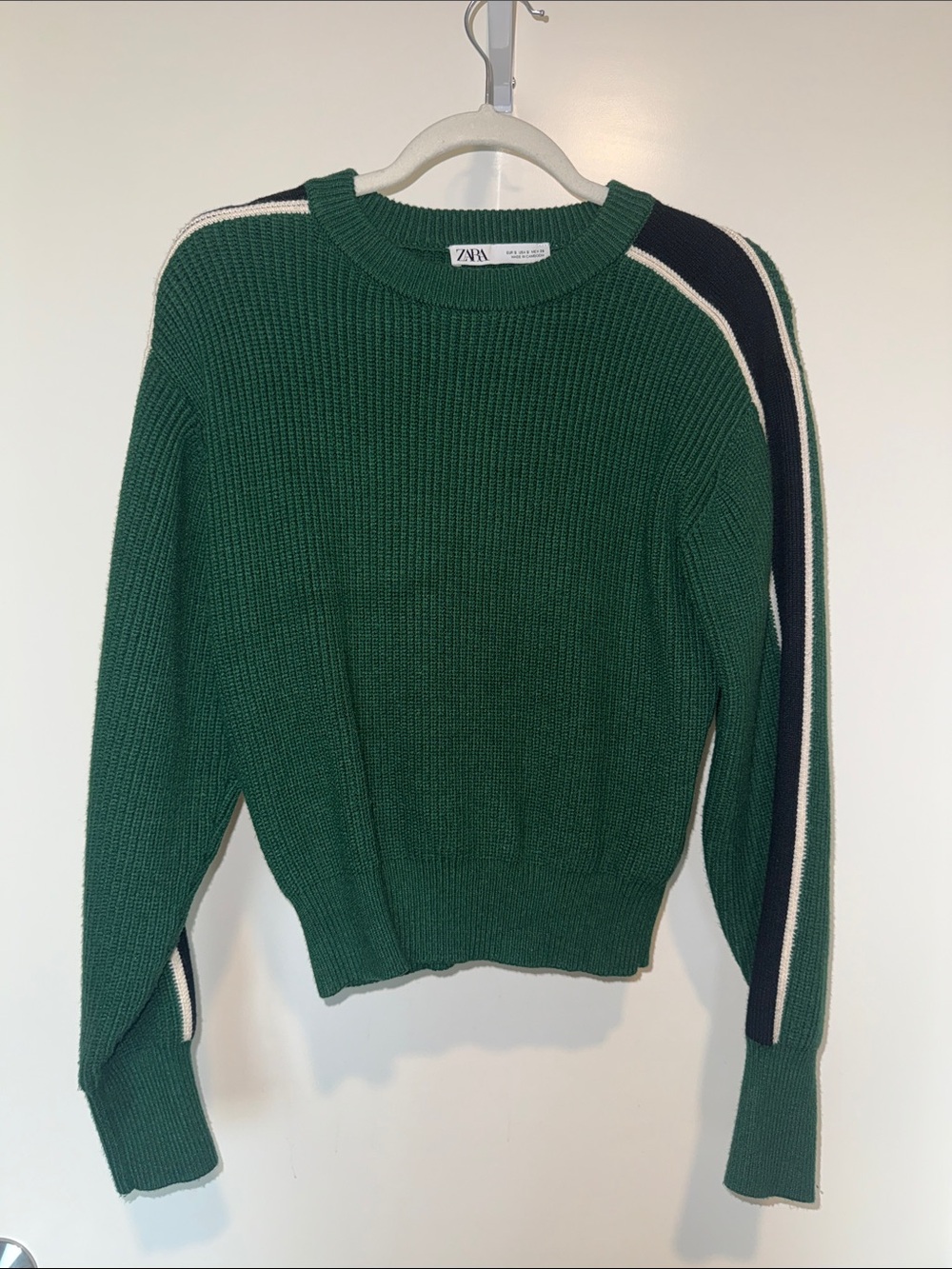 ZARA Green Crewneck Sweater with Navy and Cream Stripes